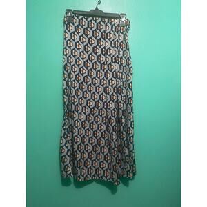 Zara Woman Blue/ taupe abstract print maxi skirt pleated and ruched sides w zip